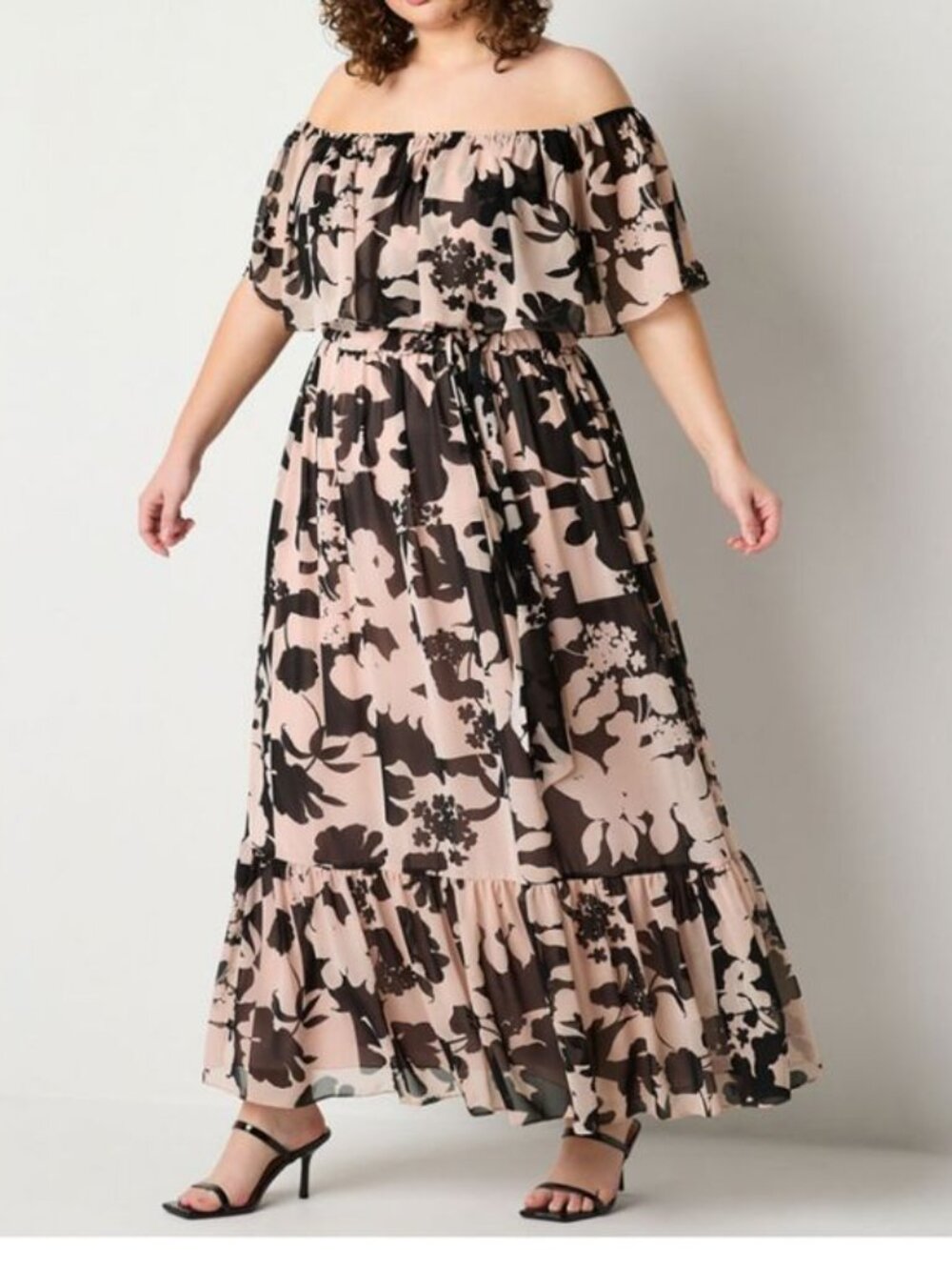NWT Off-Shoulder Pink and Black Floral Ruffle Maxi Dress